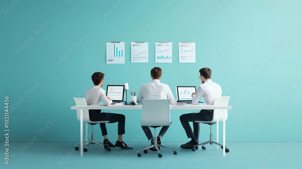 Three professionals analyzing data on computers in a modern office setting, focusing on graphs and reports with a calming turquoise background. Three professionals analyzing data on computers in a modern office setting, focusing on graphs and reports with a calming turquoise background.