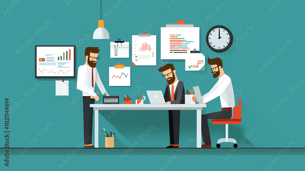 Three professionals collaborating in a modern office environment, engaged in creative discussions and analyzing data on laptops and charts. Three professionals collaborating in a modern office environment, engaged in creative discussions and analyzing data on laptops and charts.