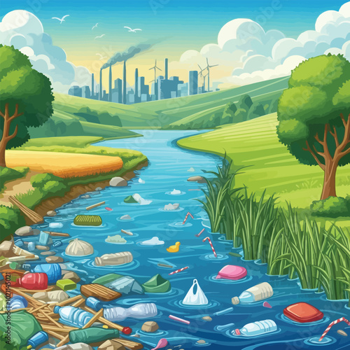 river flowing through a beautiful countryside, but water is filled plastic bags vector illustration 