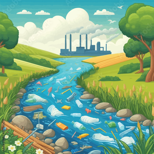 river flowing through a beautiful countryside, but water is filled plastic bags vector illustration 