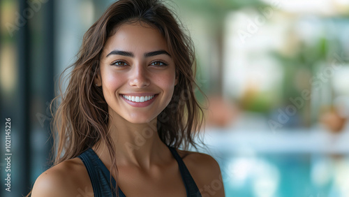 Middle Eastern Woman Fitness Trainer - smiling, young woman, portrait, fitness, health, beauty, lifestyle, wellness, indoor, cheerful, casual wear, relaxation, happy, natural light Free Download Middle Eastern Woman Fitness Trainer - smiling, young woman, portrait, fitness, health, beauty, lifestyle, wellness, indoor, cheerful, casual wear, relaxation, happy, natural light - GFXLoad