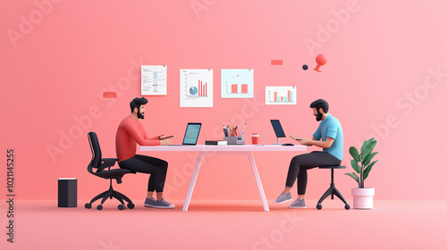 Two men working collaboratively at a modern desk in a vibrant pink office space, focused on their tasks with laptops and creative decor.