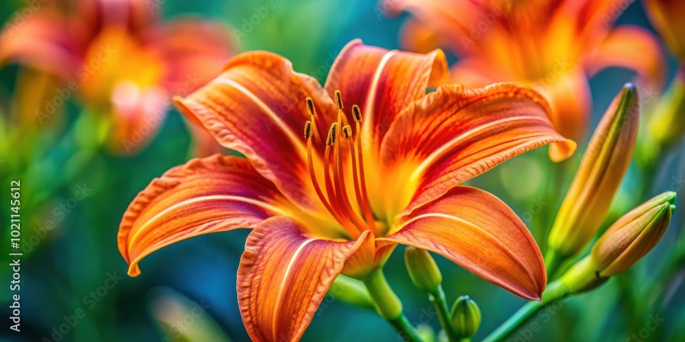 A vibrant orange lily blooms with its delicate petals unfurling, revealing a vibrant heart of golden yellow and intricate lines, while buds promise future beauty A vibrant orange lily blooms with its delicate petals unfurling, revealing a vibrant heart of golden yellow and intricate lines, while buds promise future beauty