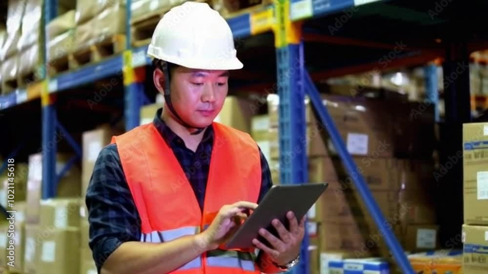 Asian man in a safety vest is looking at a tablet while standing in a warehouse. He is wearing a hard hat and he is focused on the tablet Asian man in a safety vest is looking at a tablet while standing in a warehouse. He is wearing a hard hat and he is focused on the tablet