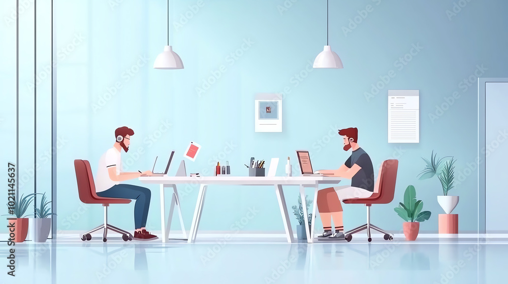 Two professionals working collaboratively in a modern office space with plants, laptops, and minimalistic decor. Two professionals working collaboratively in a modern office space with plants, laptops, and minimalistic decor.
