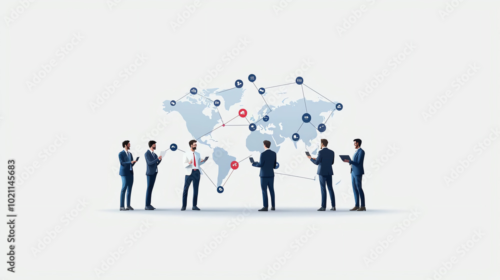 A group of professionals collaborating, visualizing connections on a world map. Symbolizing teamwork and global networking. A group of professionals collaborating, visualizing connections on a world map. Symbolizing teamwork and global networking.
