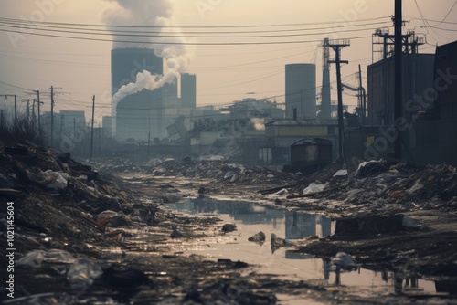 polluted gray city full of garbage and dirt with large factories in the background. Concept of big city destroyed by people pollution. photo