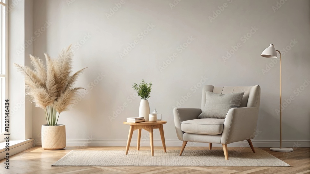 A minimalist living room with a beige armchair, a wooden side table, and a floor lamp, creating a cozy and inviting atmosphere. A minimalist living room with a beige armchair, a wooden side table, and a floor lamp, creating a cozy and inviting atmosphere.