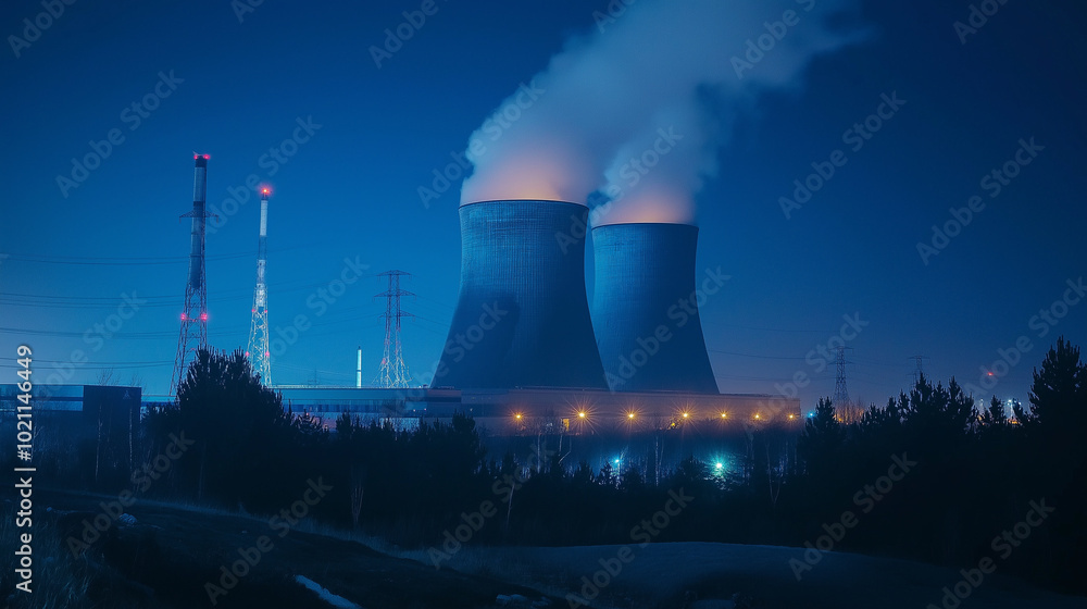 Nuclear power plant smokestacks at night from a low angle. Nuclear power plant smokestacks at night from a low angle.