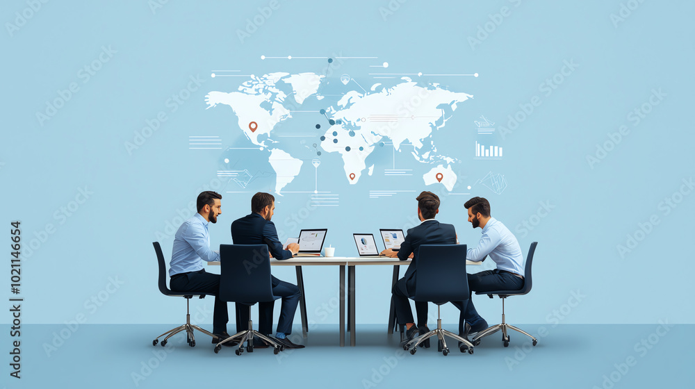 Group of professionals collaborating at a conference table, working with laptops, engaged in strategic planning against a world map background.