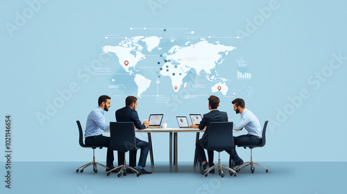 Obraz na płótnie Group of professionals collaborating at a conference table, working with laptops, engaged in strategic planning against a world map background. w salonie