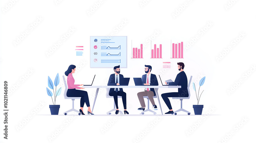 Professional team meeting with diverse members discussing financial growth and strategy, modern office setting, white isolate background. Professional team meeting with diverse members discussing financial growth and strategy, modern office setting, white isolate background.