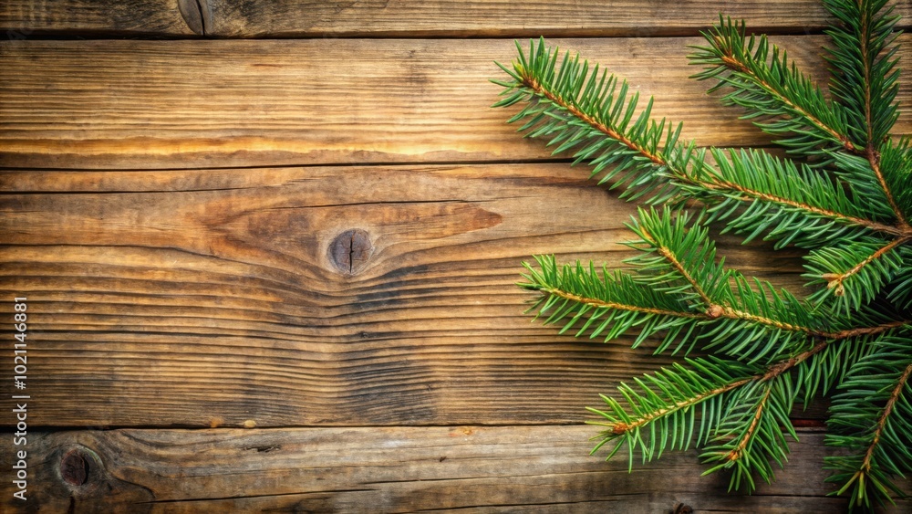 Rustic Wooden Plank Background with Evergreen Sprigs Rustic Wooden Plank Background with Evergreen Sprigs