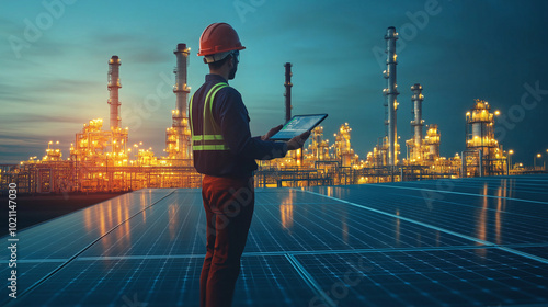 Double Exposure, Engineer, Solar Panel and Oil Refinery, Industrial Technology Concept, Smart Energy, Industry 4.0, Factory Automation