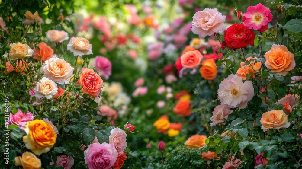 Vibrant garden filled with blooming roses in diverse colors and lush greenery.