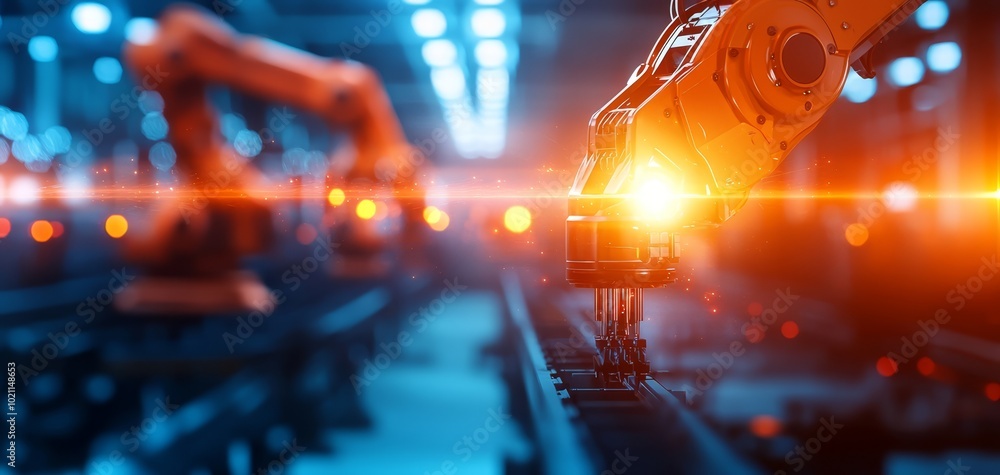 Fototapeta premium Robotic arms constructing steel frameworks, advanced production equipment, hightech construction site