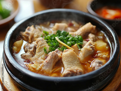 A pot of Korean soup with chicken and vegetables in it. 