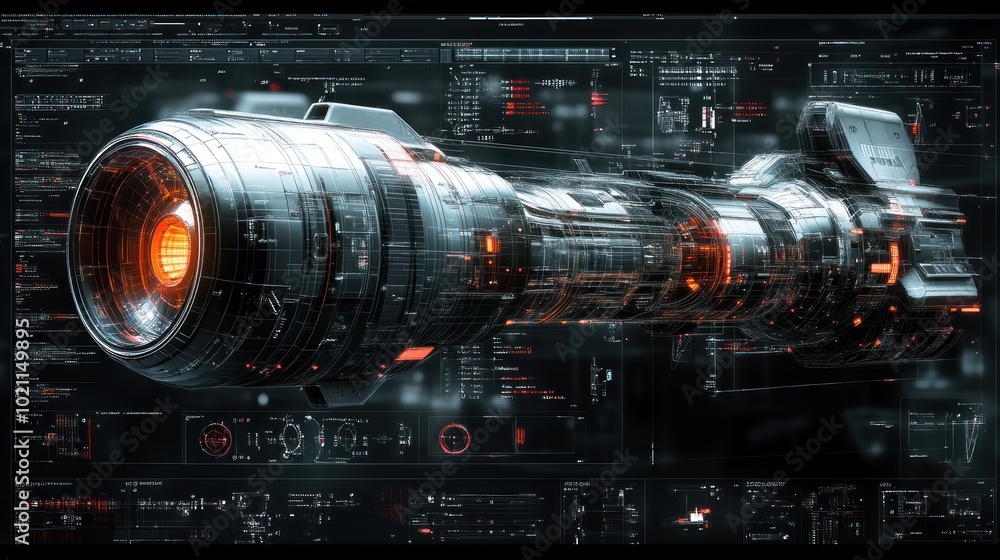 Obraz premium Futuristic spacecraft design with glowing elements and data overlays.