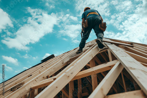 Wallpaper Mural Roofer Carpenter Working on Roof Structure at Construction Site Residential Roofing Building Process Torontodigital.ca
