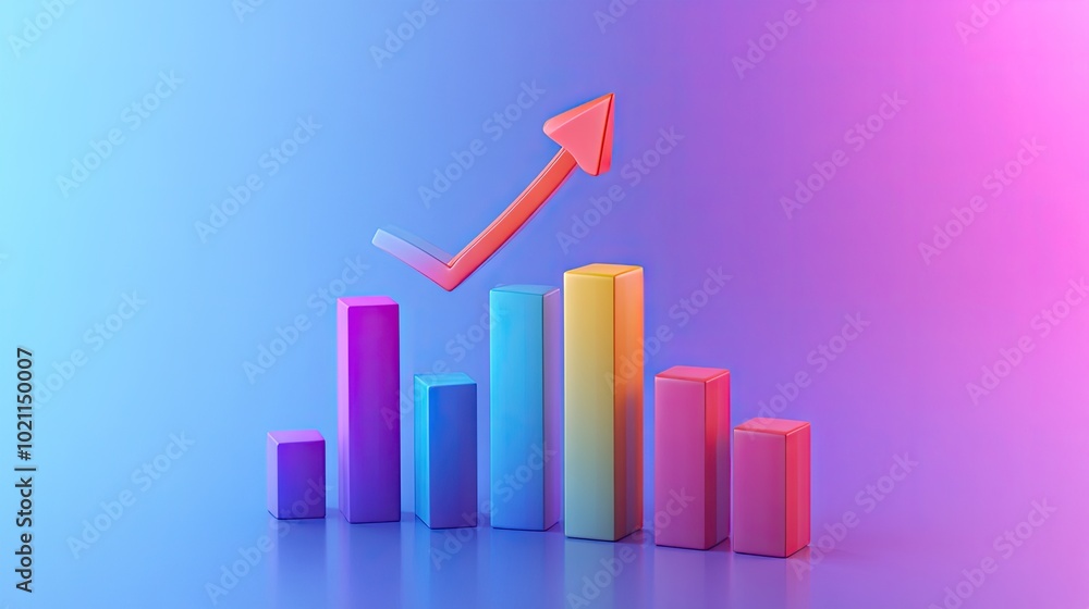 Colorful 3D bar graph with an upward arrow, representing growth and success in business or finance. Colorful 3D bar graph with an upward arrow, representing growth and success in business or finance.