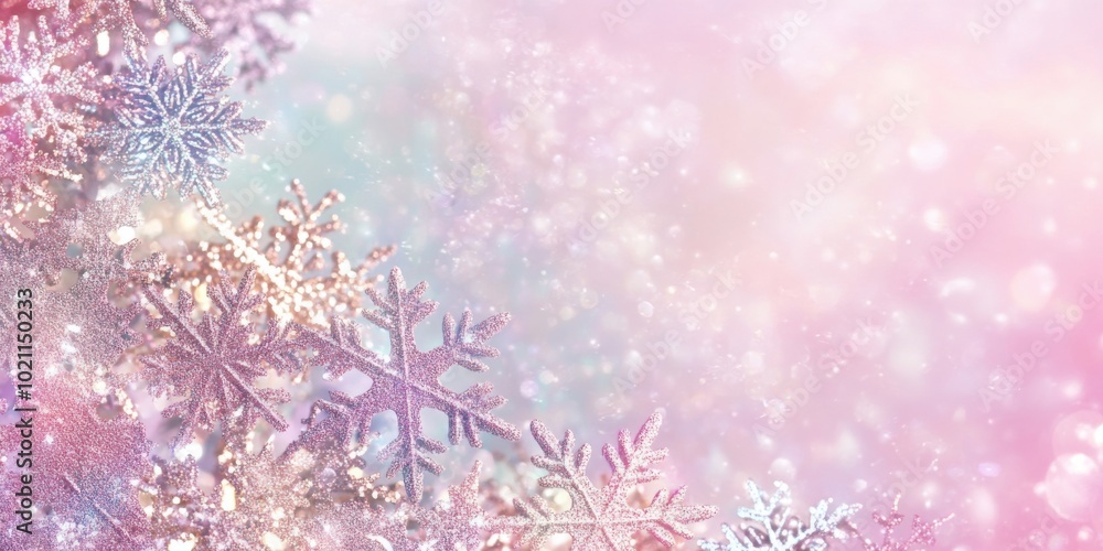 A beautiful arrangement of snowflakes with a soft pink background, evoking a winter wonderland concept A beautiful arrangement of snowflakes with a soft pink background, evoking a winter wonderland concept
