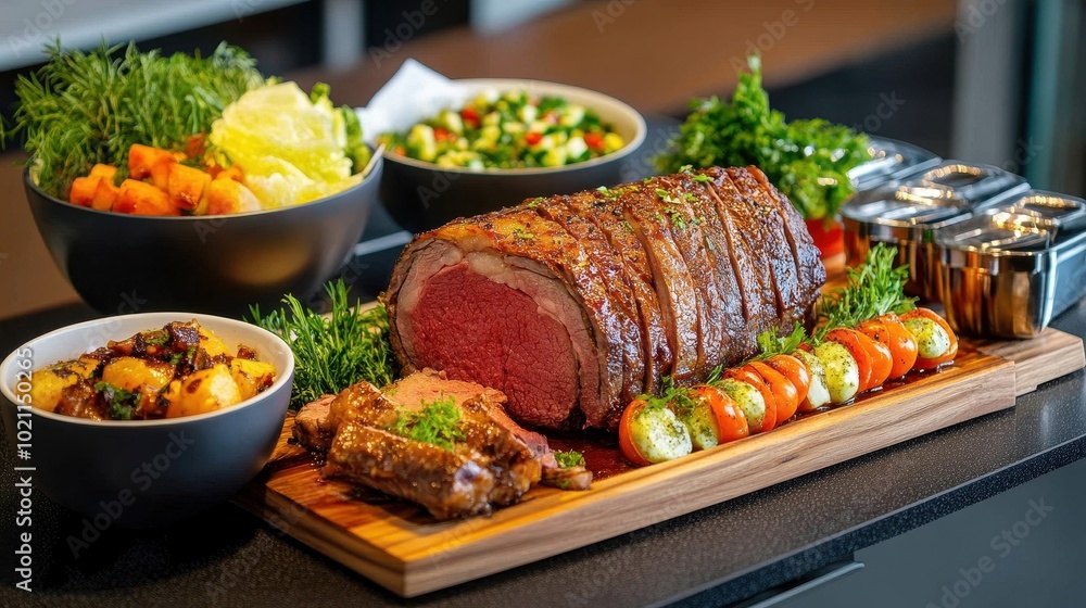 Carving station with a whole roasted beef prime rib, served with au jus and horseradish Carving station with a whole roasted beef prime rib, served with au jus and horseradish