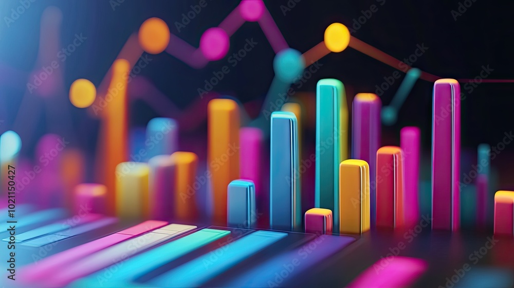 Obraz premium Vibrant, colorful 3D bar graphs illustrating data analysis and trends in a modern, abstract style.