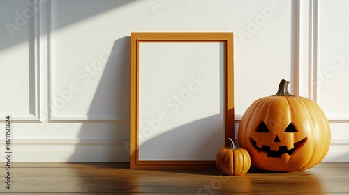 Halloween mockup scene: carved pumpkin with spooky face beside golden frame on white wall, creating eerie shadows. Autumn decor with blank space for design. photo