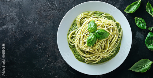 A plate of spaghetti twirled with green pesto sauce, elegantly garnished with bright green basil leaves, resting on a textured dark surface, inviting to dine.