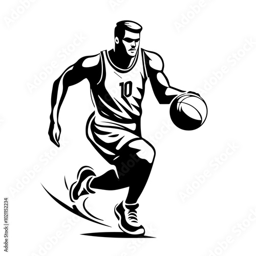 Black and white illustration of a basketball player with a ball. Basketball game. Sport.