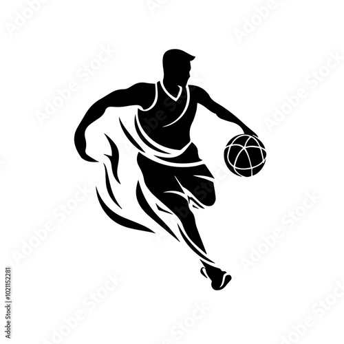 Black and white illustration of a basketball player with a ball. Basketball game. Sport.