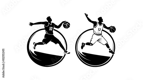 Black and white illustration of a basketball player with a ball. Basketball game. Sport.