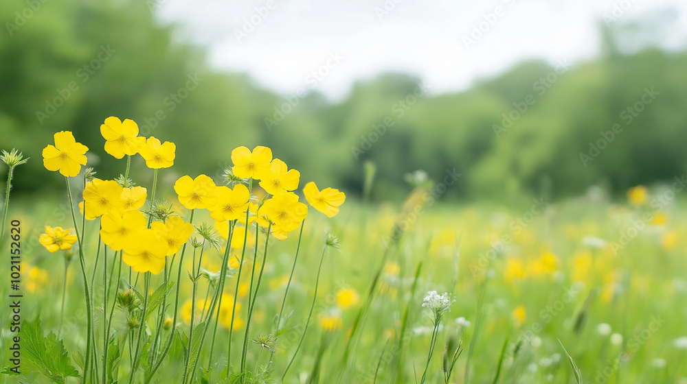 Obraz premium A photo with Primula veris (cowslip) flower across a lush, green meadow. The delicate, nodding yellow blossoms are grouped together on tall, slender stems. The meadow is bathed in soft sunlight.