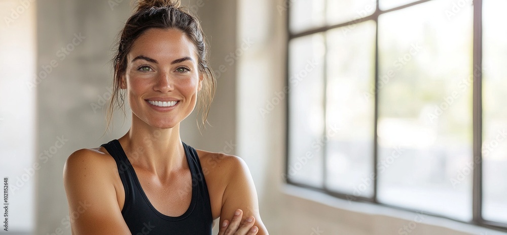 A smiling yoga instructor standing in a modern studio, wearing a dark blue athletic wear outfit. A smiling yoga instructor standing in a modern studio, wearing a dark blue athletic wear outfit.