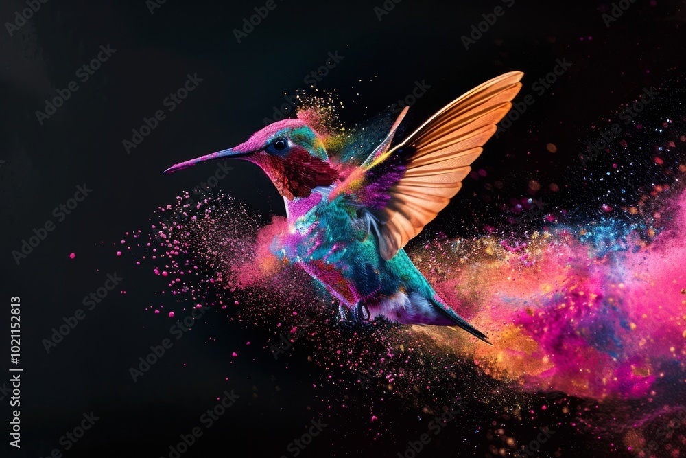 Fototapeta premium Birds. Dispersion, splatter effect on black background