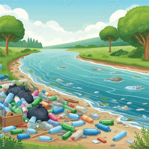 riverbank scene with trash piled up on the shore and plastic bottles floating in the water illustration 