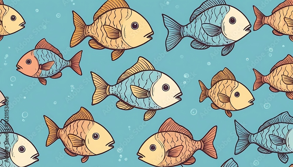 Obraz premium seamless pattern with fishes background,fish, art, illustration, animal, design, nature, pattern, vector, sea, underwater, drawing, wallpaper, 