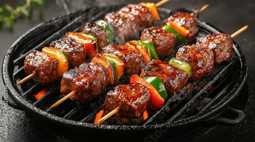 Close-up of marinated beef shish kebabs sizzling over a charcoal grill photo