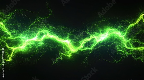 Abstract green lightning bolt with a dynamic and electrifying aura against a dark background.