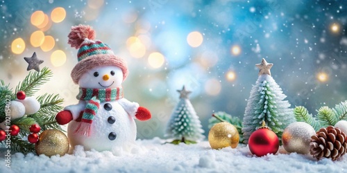 A Cheerful Snowman with a Striped Hat and Scarf Stands Before a Snowy Christmas Tree with Golden Baubles and Pine Cones in a Festive Winter Wonderland