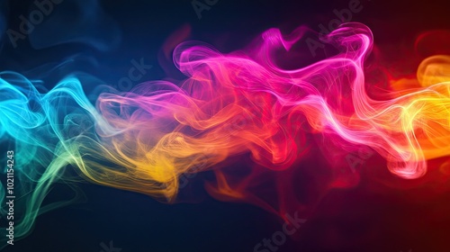 Colorful abstract smoke waves in vibrant hues of blue, pink, and yellow against a dark background.