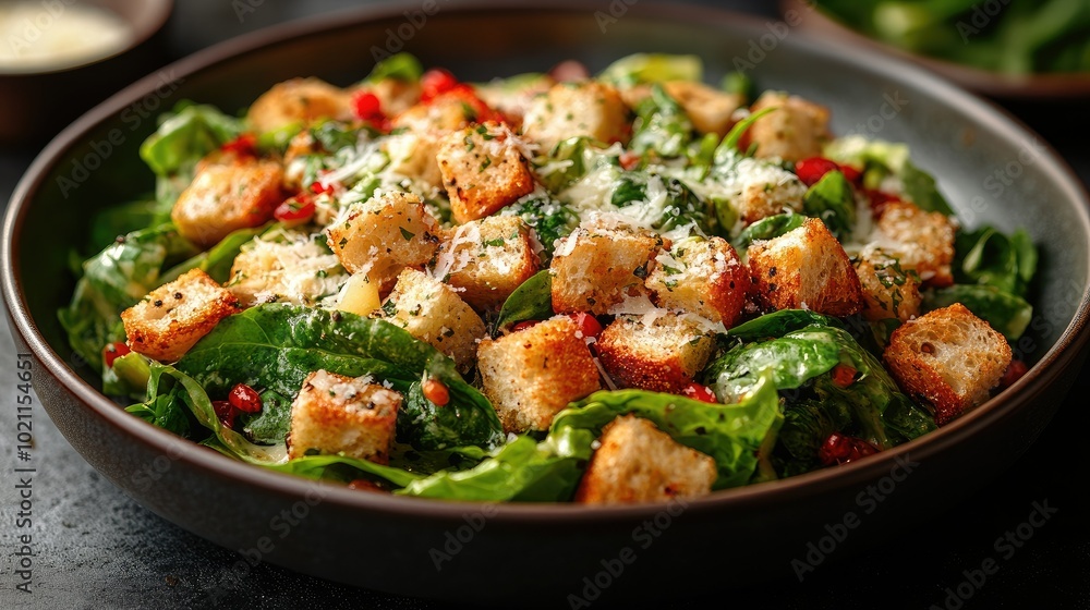Classic Caesar salad with crisp romaine lettuce, croutons, shaved Parmesan, and creamy Caesar dressing, elegantly plated Classic Caesar salad with crisp romaine lettuce, croutons, shaved Parmesan, and creamy Caesar dressing, elegantly plated