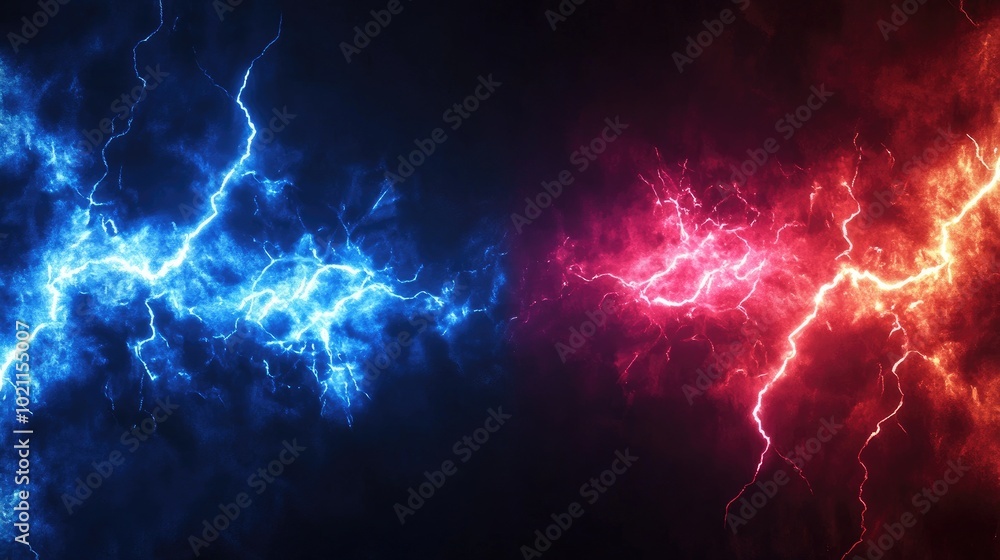 Dynamic electric blue and red lightning bolts clash against a dark background, creating a dramatic and vibrant visual effect.