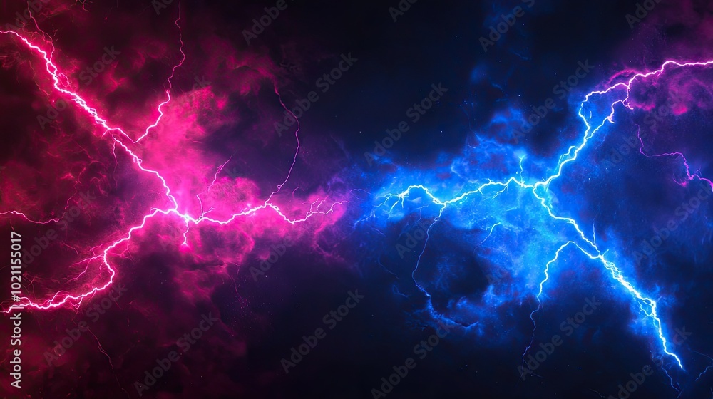 A dynamic clash of electric pink and blue lightning illuminating a dark background. A dynamic clash of electric pink and blue lightning illuminating a dark background.