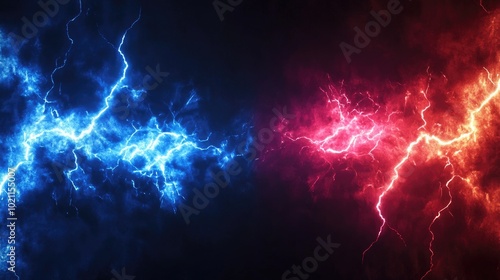 Obraz na płótnie Dynamic electric blue and red lightning bolts clash against a dark background, creating a dramatic and vibrant visual effect. w salonie