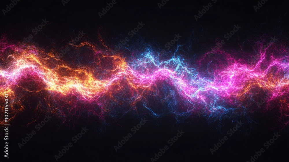 A vibrant display of electric energy depicted in bright pink, blue, and orange hues against a black backdrop. A vibrant display of electric energy depicted in bright pink, blue, and orange hues against a black backdrop.