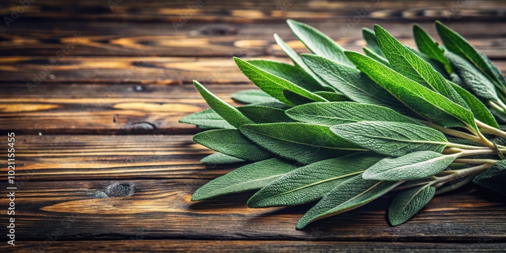 Fresh Sage Leaves Arranged on Rustic Wooden Surface Fresh Sage Leaves Arranged on Rustic Wooden Surface
