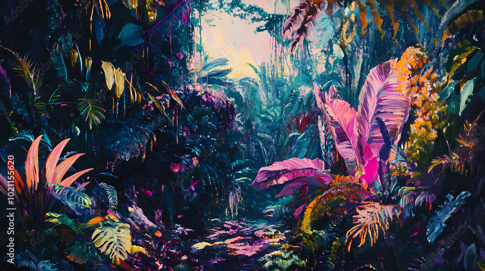 Obraz premium A vast, alien jungle with gigantic, luminous plants and bizarre wildlife, depicted in thick oil paint that brings out the vibrant colors and surreal textures, generative ai. Alien Jungle. Illustration