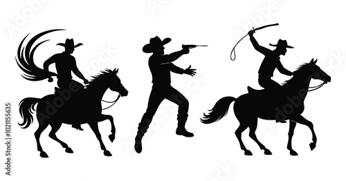 Silhouette of Cowboys in Action Riding, Shooting, and Whipping on Horseback