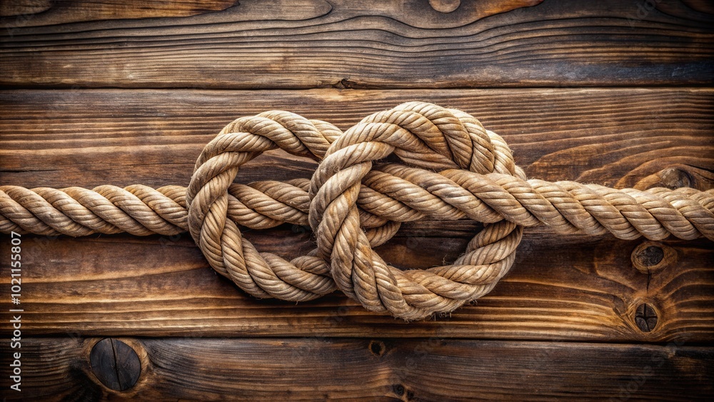 A thick rope with a knot tied into a figure eight, resting on a rustic wooden surface. A thick rope with a knot tied into a figure eight, resting on a rustic wooden surface.